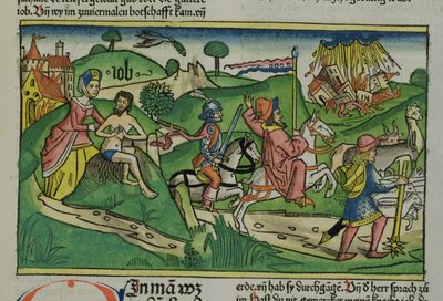 Fac-similé de Job : Frontispice, Job réprimandé par sa femme, sa maison et sa famille détruites par un ouragan et son bétail volé, de la Bible de Nuremberg (Biblia Sacra Germanaica) - German School