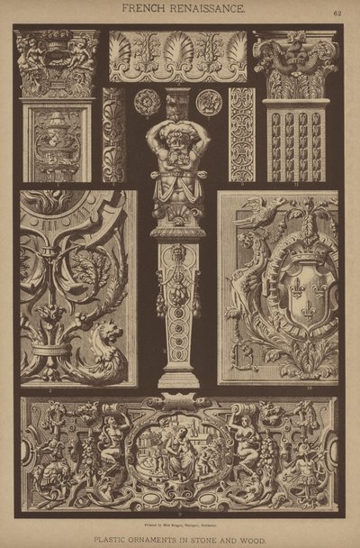 Renaissance française, Ornements en plastique en pierre et bois (lithographie en couleur) - German School
