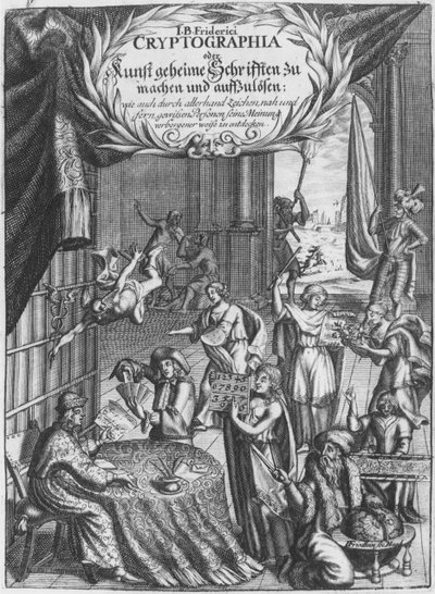 Frontispice, illustration de Cryptographia, oder geheime Schrifften par Johann Balthasar Friderici, gravé par Johan Friedlein publiée à Hambourg, 1685 - German School