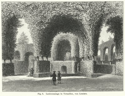 Conception de jardin : tonnelles dans les jardins de Versailles, France, aménagés par André le Nôtre au XVIIe siècle (gravure) - German School
