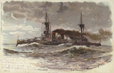Cuirassé allemand SMS Weissenburg, fin du 19e ou début du 20e siècle (lithographie en couleur) - German School