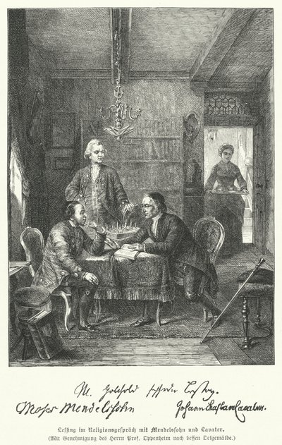 Le philosophe et dramaturge allemand discutant de religion avec Moses Mendelssohn et Johann Kaspar Lavater (gravure) - German School