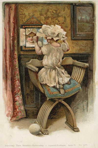 Fille en bonnet se regardant dans le miroir - German School