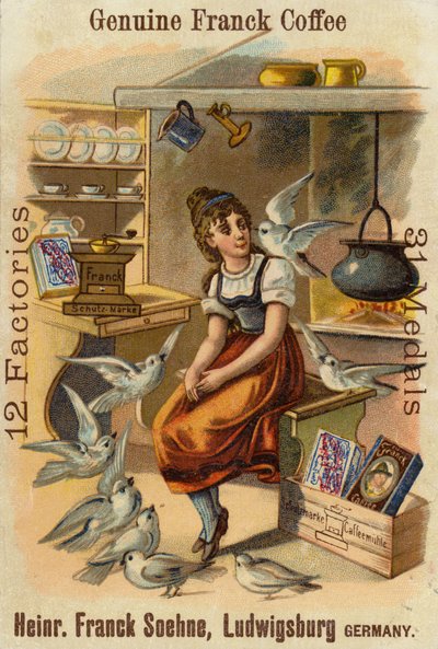 Fille avec des colombes, publicité pour le café Genuine Franck - German School
