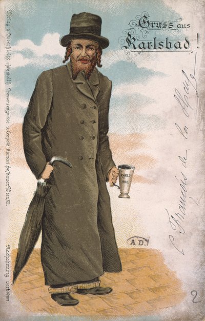 Greetings from Karlsbad", carte postale souvenir de la station thermale de Karlsbad représentant un Juif avec des vêtements et des cheveux traditionnels et tenant une tasse pour boire de l