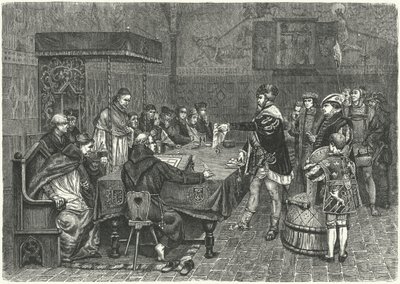 Gustav I Vasa, roi de Suède, confrontant Peter Sunnanvader, évêque de Vasteras - German School
