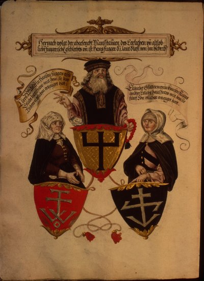 Hans Fugger et ses deux épouses Clara Widolf et Elisabeth Gfattermann, du Geheim Ehrenbuch des Fuggerschen Geschlechts - German School