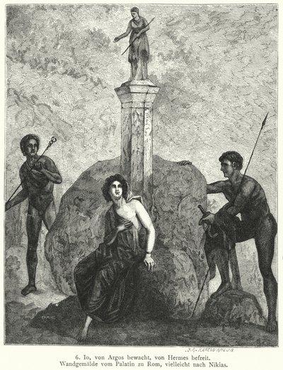 Io, gardée par Argus Panoptes sur ordre de la déesse Héra, observée par Hermès, envoyé par Zeus pour l