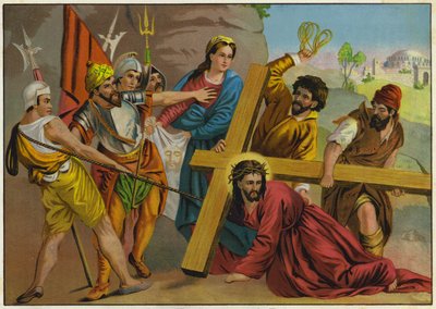 Jésus tombant sous le poids de sa croix sur le chemin de sa crucifixion (litho couleur) - German School