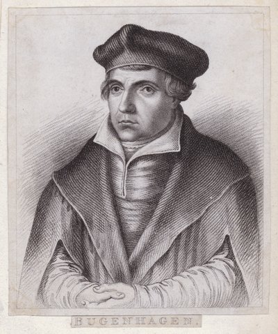 Johannes Bugenhagen, prêtre et théologien allemand qui introduit la Réforme protestante en Poméranie et au Danemark (gravure) - German School