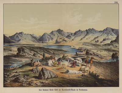 Lac salé de Kiuk Kiol dans la vallée de Karakash, Turkestan - German School