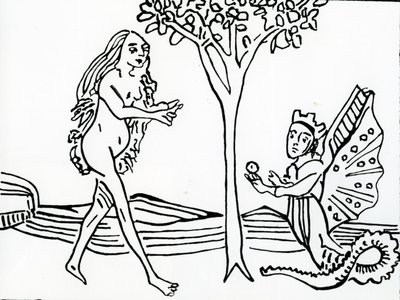 Lilith, ailée et couronnée, avec une queue de serpent, offre la pomme à Ève, de 