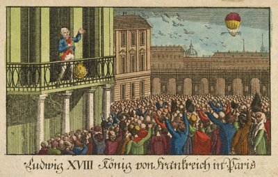 Louis XVIII Roi de France à Paris, pub. 1814 (gravure coloriée à la main) - German School
