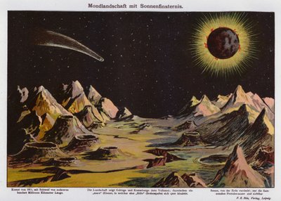 Paysage lunaire, éclipse solaire et comète de 1911 (lithographie couleur) - German School