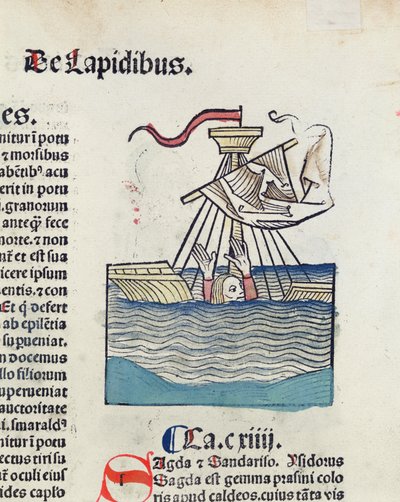 Homme descendant dans un bateau naufragé, illustration de Hortus Sanitatis, 1491 (gravure sur bois en couleur) - German School