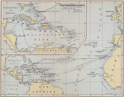 Carte montrant les voyages de Christophe Colomb, 1492-1504 - German School