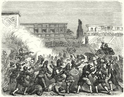 Massacre des guerriers et nobles aztèques à Cholula par les conquistadors espagnols de Hernan Cortes - German School