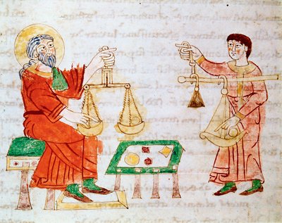 Marchands utilisant des balances pour peser et marchander. Miniature tirée du manuscrit « De Universo » ou « De rerum naturis » (De la nature des choses) de Rabanus Maurus Magnentius (ou Raban Maur ou Rabano Mauro, vers 780-856). IXe siècle. Archives de Mo - German School