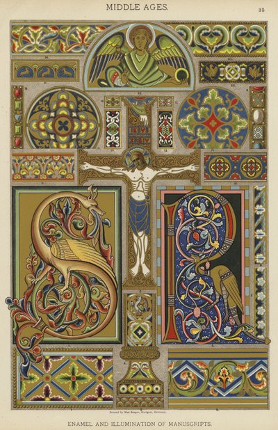 Moyen Âge, Émail et illumination de manuscrits (lithographie en couleur) - German School