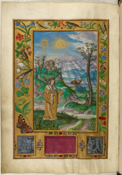 Ms Harley 3469, f.16v Figure couronnée avec sceptre et boule, Troisième Parabole, de 