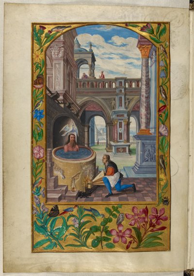 Ms Harley 3469, f.21v Homme se baignant dans une cour, la Septième Parabole, de 