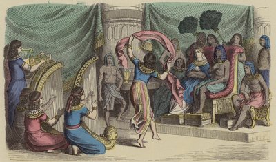 Musiciens et danseurs se produisant devant le Pharaon en Égypte ancienne (gravure en couleur) - German School
