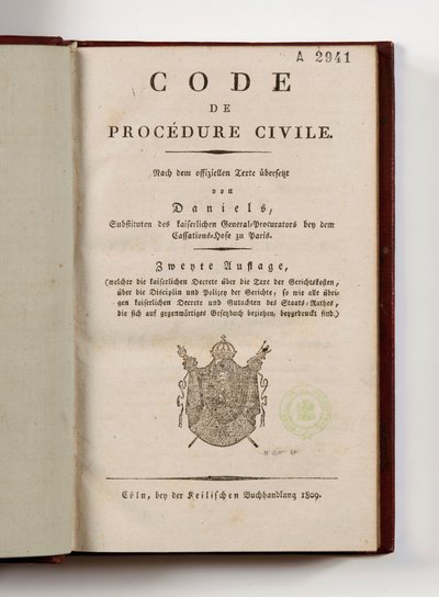 Code de procédure civile napoléonien pour les départements français de la rive gauche du Rhin, ouvert à la page de titre, Cologne, 1809 - German School