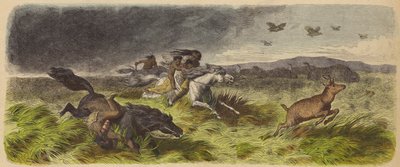 Amérindiens et animaux fuyant un incendie de prairie - German School