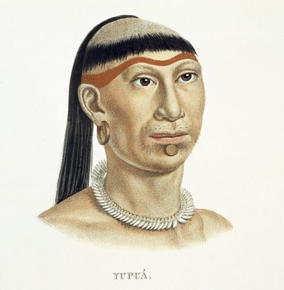Homme natif de la tribu Yupua, avec cheveux épilés et rasés et un collier fait de dents d