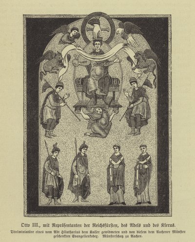 Otto III, empereur du Saint-Empire romain, avec des représentants des princes, de la noblesse et du clergé (gravure) - German School