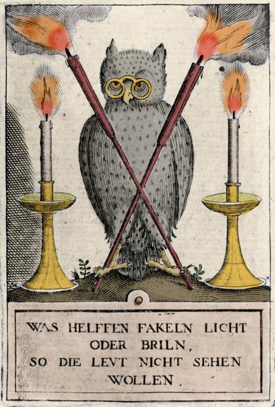 Chouette avec des lunettes, symbole de la sagesse. Gravure de l
