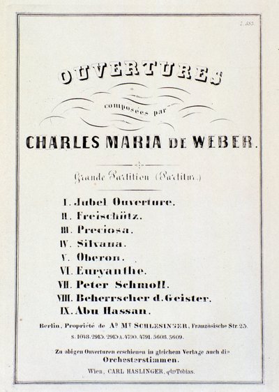 Page avec présentation des ouvertures de divers opéras de Carl Maria von Weber - German School