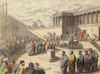 Représentation de la pièce Agamemnon dans un théâtre en Grèce antique (gravure en couleur) - German School