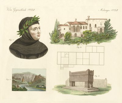 Pétrarque, son appartement à Arqua, sa tombe avec une vue de Vaucluse - German School