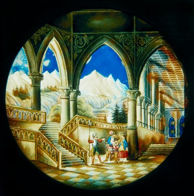 Assiette peinte à la main, pour lanterne magique fabriquée en Allemagne, représentant une vue intérieure d