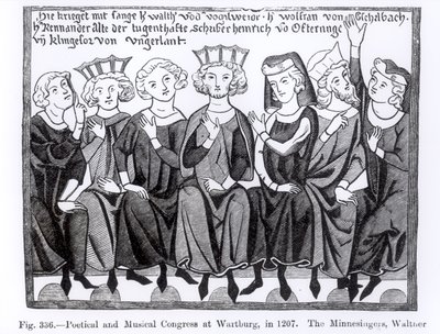 Congrès Poétique et Musical, Wartburg, 1207, illustration de Science et Littérature au Moyen Âge et à la Renaissance, écrit et gravé par Paul Lacroix, 1878 - German School