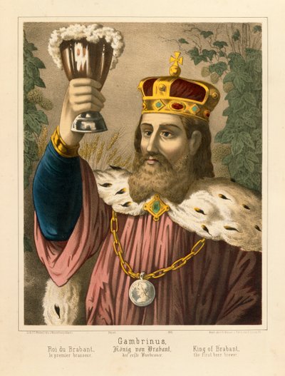 Portrait de Gambrinus, roi légendaire de Flandre, feuille illustrée publiée par F.C. Wentzel, Weissenburg, 1870 - German School