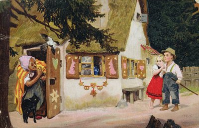 Carte postale représentant la sorcière invitant Hansel et Gretel à entrer dans la maison en pain d