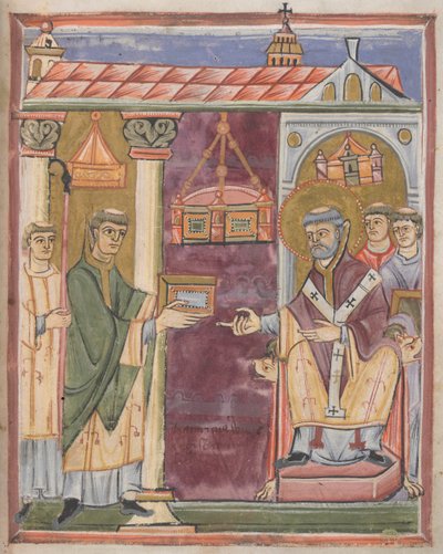 Prêtre présentant un livre [à Saint Augustin ?] - German School
