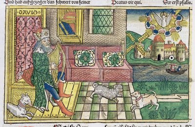 Psaumes : frontispice montrant le roi David jouant de la lyre, de la Bible de Nuremberg (Biblia Sacra Germanaica) - German School