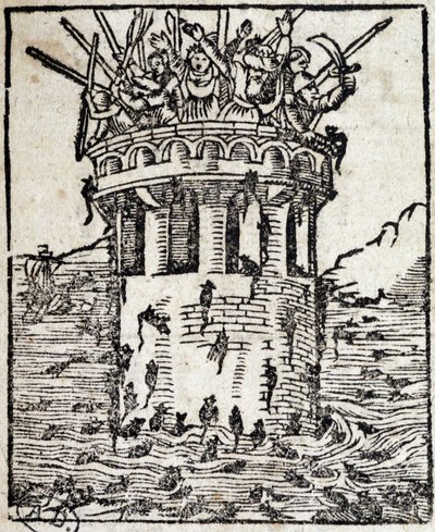 Rats attaquant une tour - gravure allemande du 16ème siècle - German School