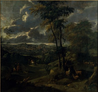 Cavalier dans un paysage avec une ville - German School