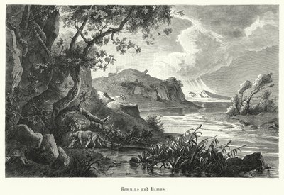 Romulus et Remus, fondateurs légendaires de Rome antique, allaités par la louve dans la nature - German School