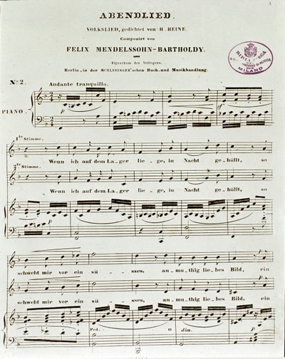 Page de partition de Abendlied par Felix Mendelssohn - German School
