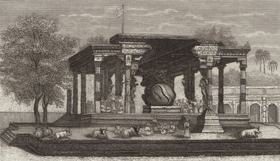 Statue du taureau sacré Nandi dans un temple hindou à Tanjore, Inde. Illustration pour Bilder-Atlas (gravure) - German School