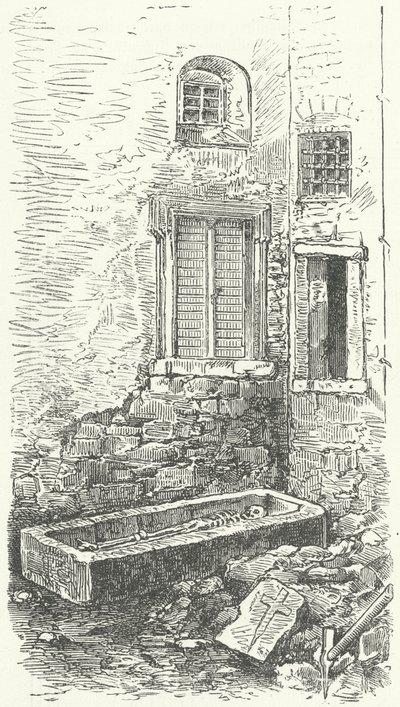 Cercueil en pierre contenant un squelette, supposé être celui du poète lyrique moyen haut-allemand Walther von der Vogelweide, Wurtzbourg (gravure) - German School