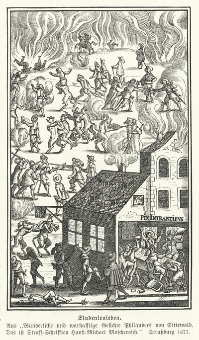 Vie étudiante : scène de Gesichte Philanders von Sittewald, par Johann Michael Moscherosch (gravure) - German School