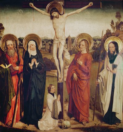La Crucifixion, avec Saint André, Saint Matthieu et un homme agenouillé au pied de la croix - German School