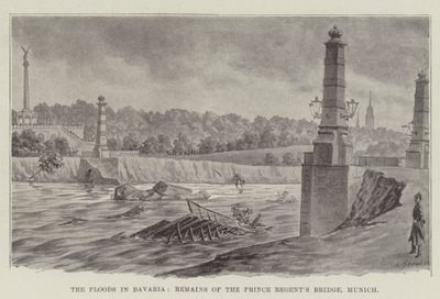 Les inondations en Bavière, restes du pont du Prince Régent, Munich (lithographie) - German School