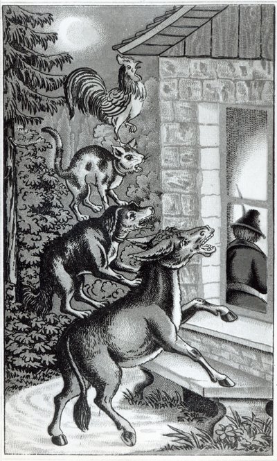 Les quatre animaux criant à la fenêtre, illustration pour Les Musiciens de Brême, conte des frères Grimm - German School